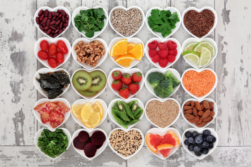 photo of healthy food in heart bowls
