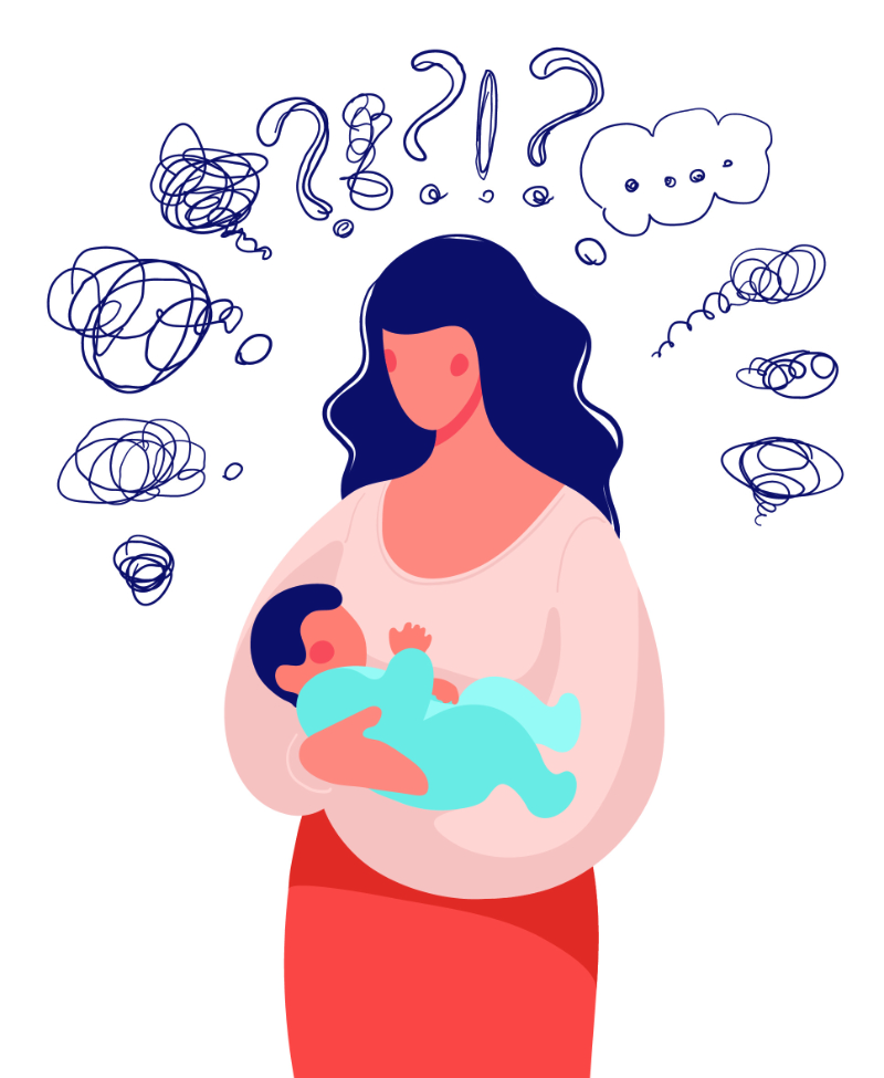 graphic showing confused woman holding baby