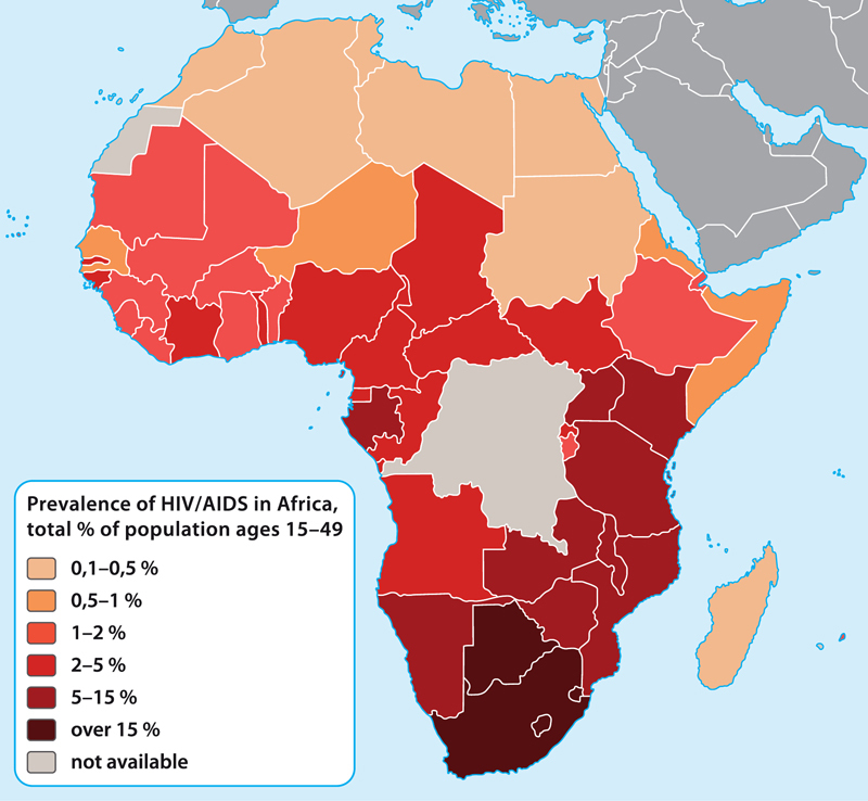 map of Africa showing prevalence of hiv and aids