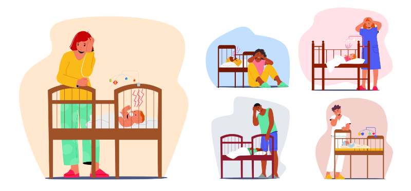 graphic showing different adults frustrated with baby in crib