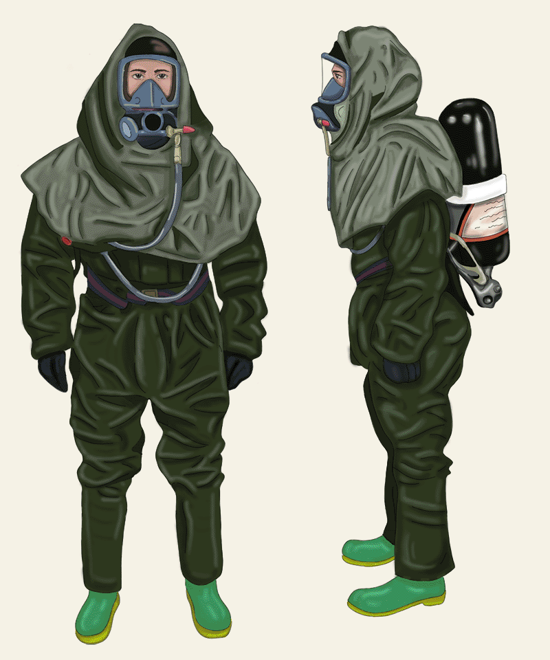 drawing of non gas tight encapsulating skin protective suit